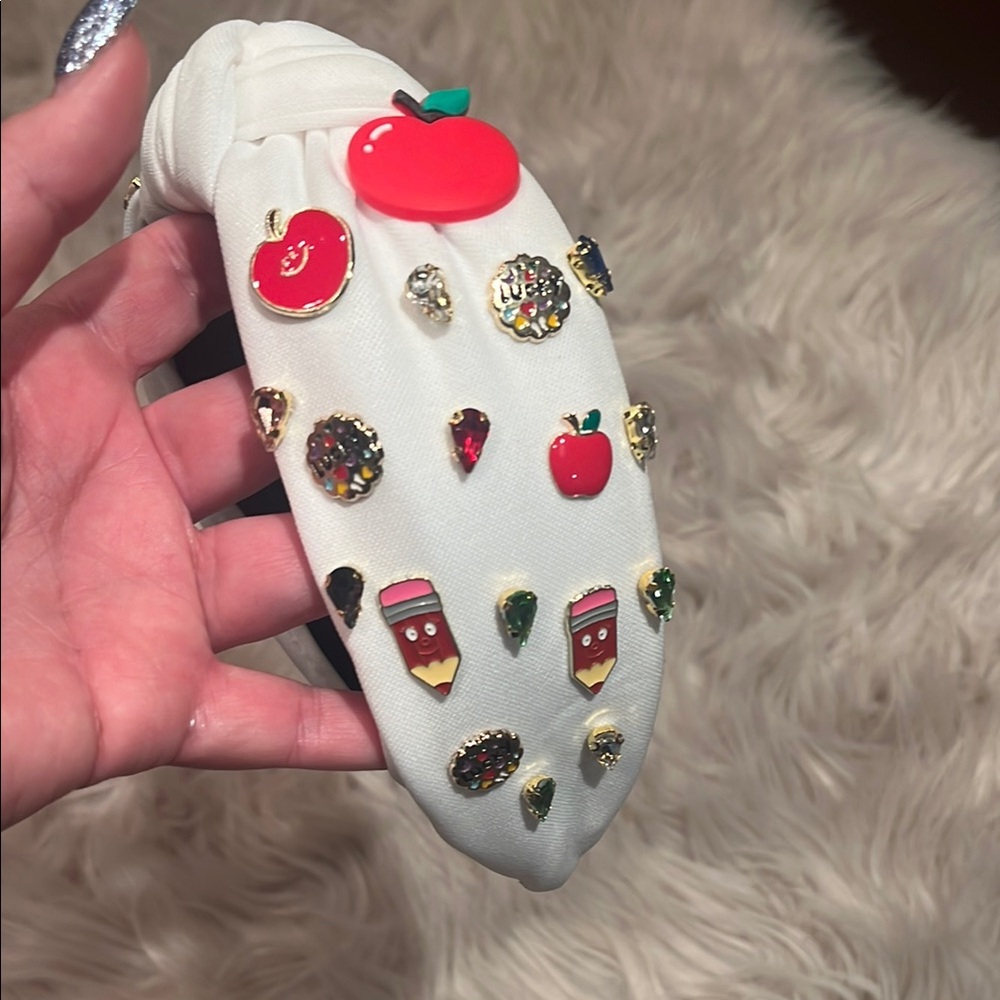 White teacher Headband with Apple Accents and rhinestones